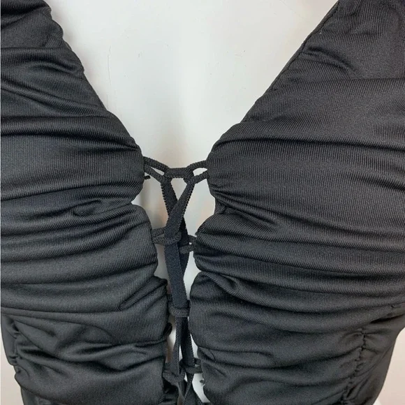 SHEIN Black V-Neck Ruched Lace-Up Crop Top- S - Picture 2 of 11